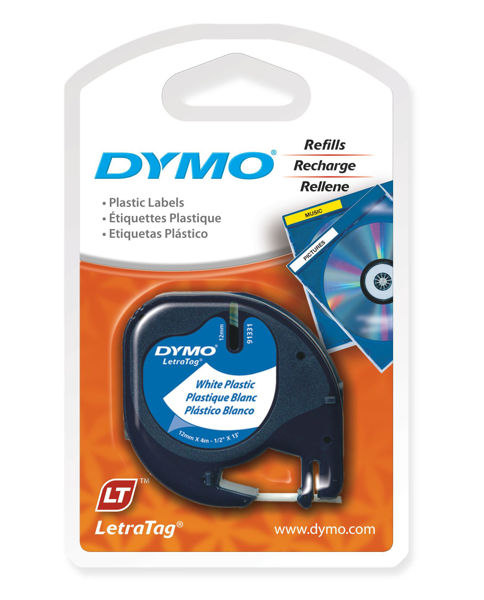 Picture of DYMO 91201 12mm X 4m Black on White Letratag Tape